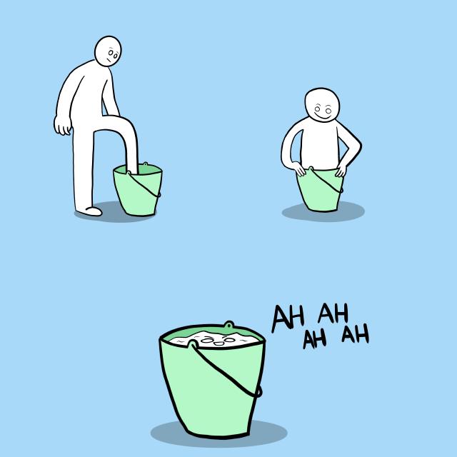 A guy is entering a bucket and becomes liquid, while laughing