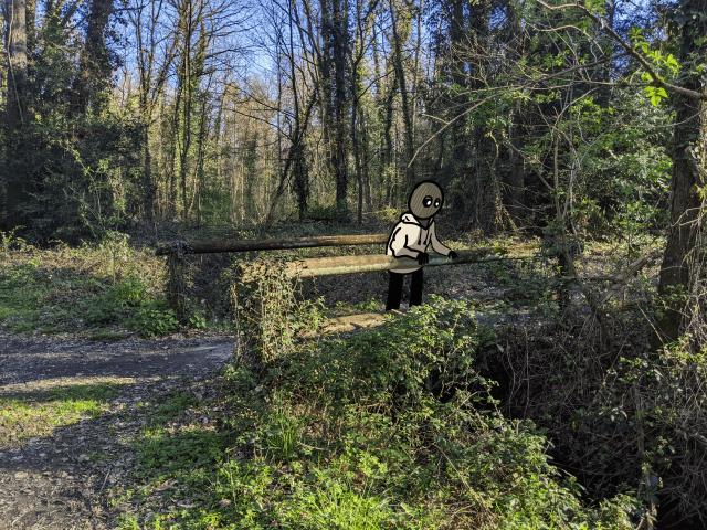 Photography of a small wooden bridge in a forest. A hand drawn cartoon character named Dimitri is standing on the bridge, resting his arms on one side of the bridge. He wears a beige hoodie, black pants and some kind of hood with no mouth.